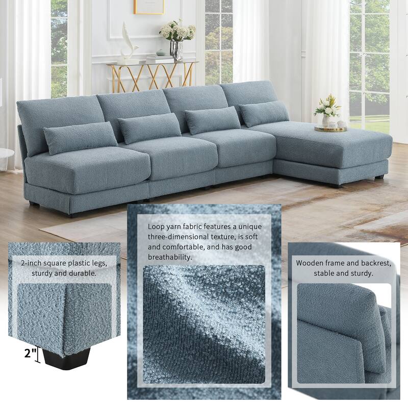 120" L-Shaped 4 Seater Sectional Sofa with Reversible Chaise and 4 Waist Pillow, Armless Design for Space-Saving Comfort