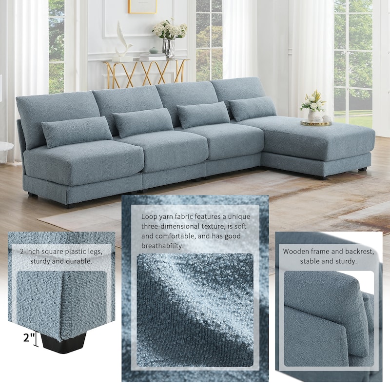 120" Loop Yarn Upholstered Armless L-Shaped Sectional Sofa with 4 Lumbar Pillows and Reversible Chaise