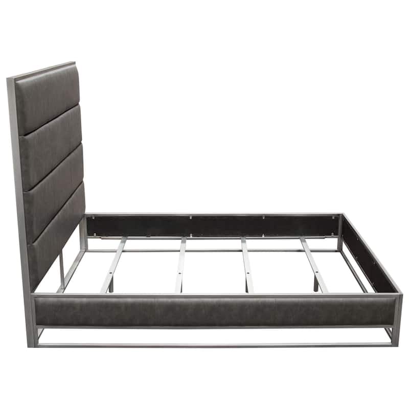 Chek Queen Size Bed, Gray Faux Leather Upholstery w Silver Metal Frame