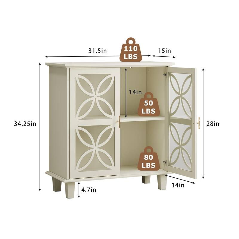 Roomfitters Elegant Storage Cabinet with Geometric Glass Doors, Sideboard Buffet Organizer with Gold Handles, Cream
