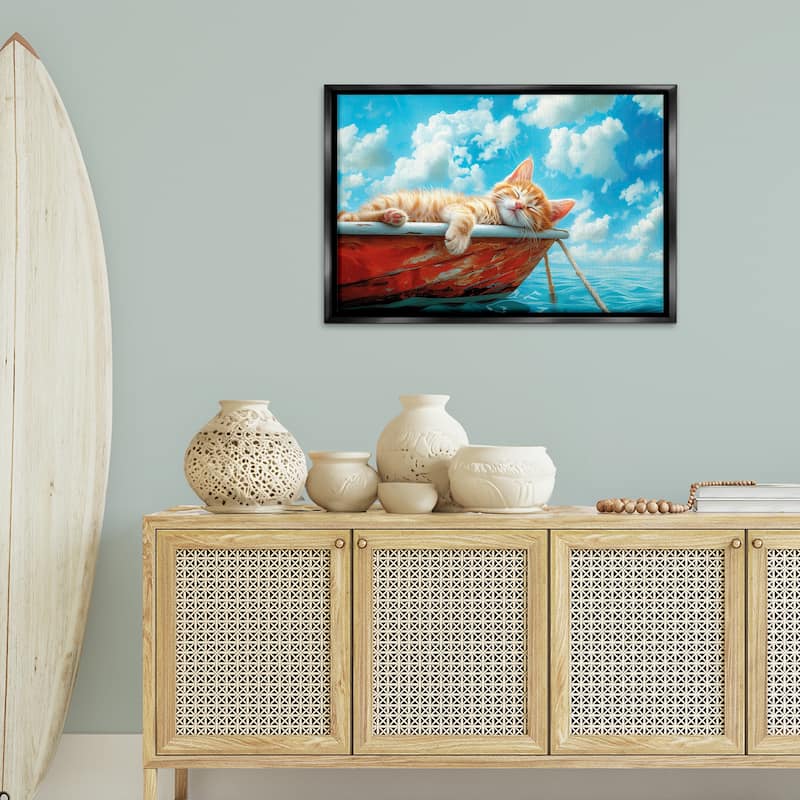 Stupell Sleeping Cat on Boat Framed Floater Canvas Wall Art Design By Parable Visions