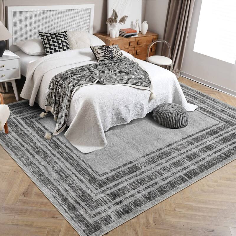 Washable Area Rugs for Living Room, Soft Modern Bordered Rug Non Slip Low Profile Carpets for Bedroom Dining Room - Grey - 10' x 13'