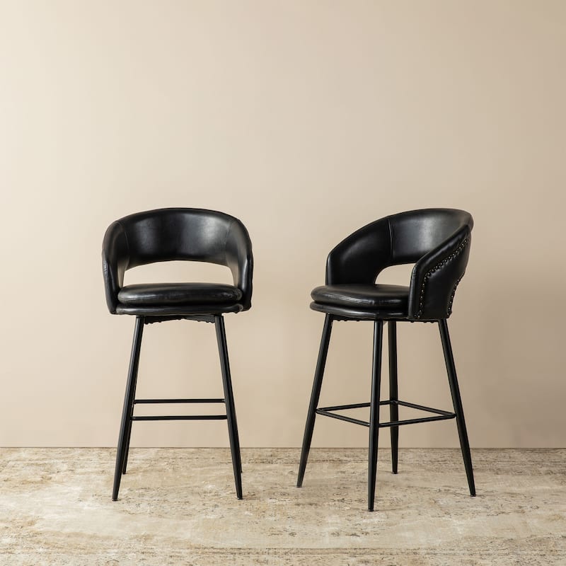 Glitzhome Set of 2 Mid-Century Modern 40.5"H Faux Leather Bar Stools with Nailhead Trim