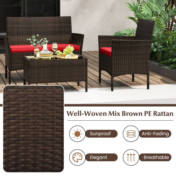 4 Piece Outdoor Rattan Patio Set with Cushions and Glass Table - 39.5" x 22.5" x 32"