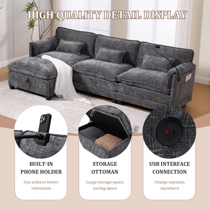 GALDWIN Chenille Upholstered L-shaped Modular Sectional Sleeper Sofa with Movable Storage Ottoman,USB&Type-C