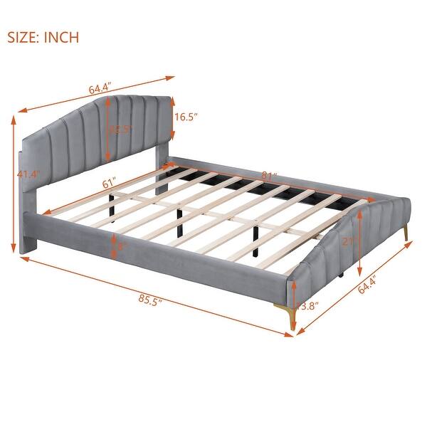 Queen Size Velvet Platform Bed w/ Thick Fabric, Stylish Stripe Decorated Bedboard & Elegant Metal Bed Leg Upholstered Bed, Gray