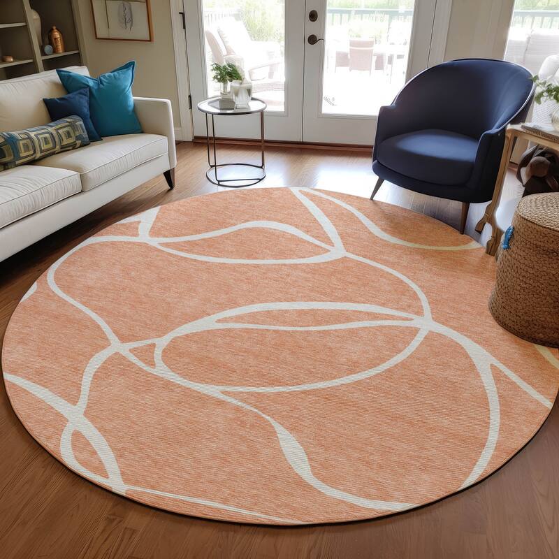 Machine Washable Indoor/ Outdoor Abstract Modern Chantille Rug - Salmon - 8' x 8'