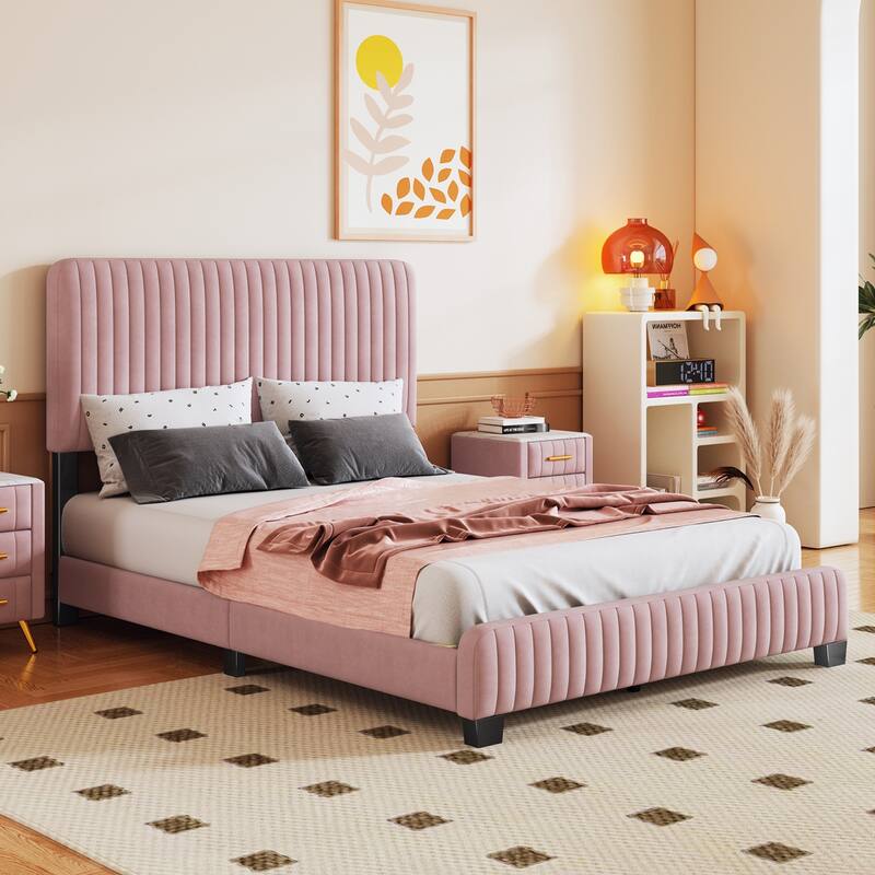 Pink Full Size Elegant Velvet Upholstered Platform Bed, Easy Assembly
