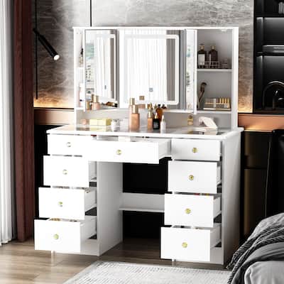 Extra Large Mirror Makeup Vanity Table with LED light,9 Drawers,White - 53.9"H