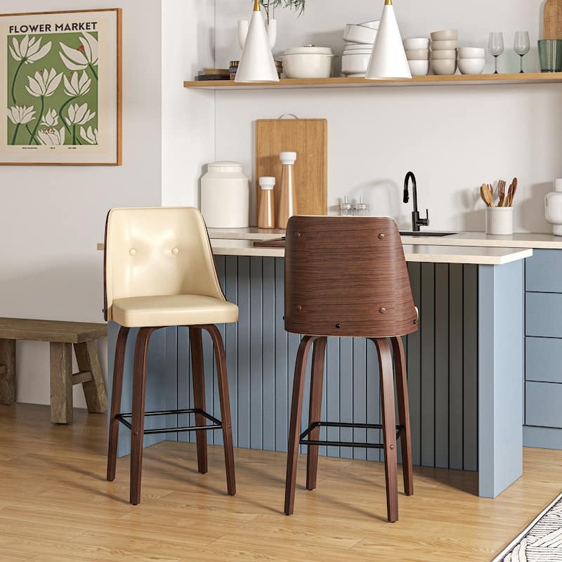 Modern Counter Height Swivel Bar Stools with Tufted Back Cushioned Seat and Footrest Support - 19" W x 20.25" D x 41.75" H - Beige-Walnut
