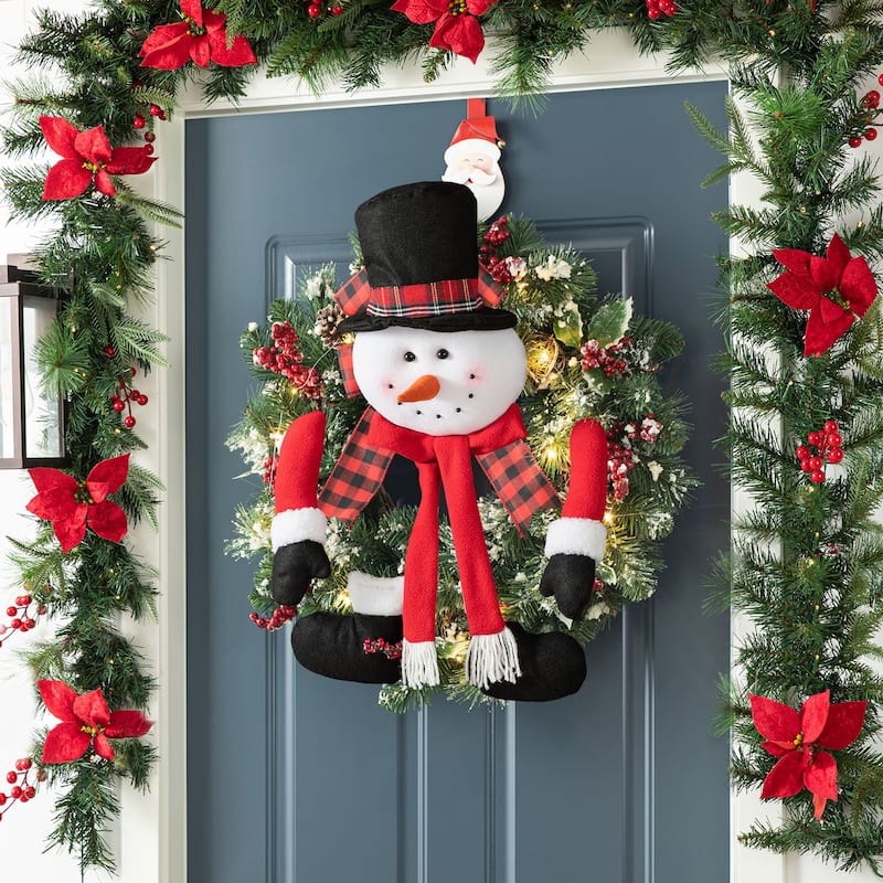 Glitzhome 24"D Christmas Pinecone Berry Wreath with Fabric Santa or Snowman Ornaments - LED Bow Wreath with Snowman