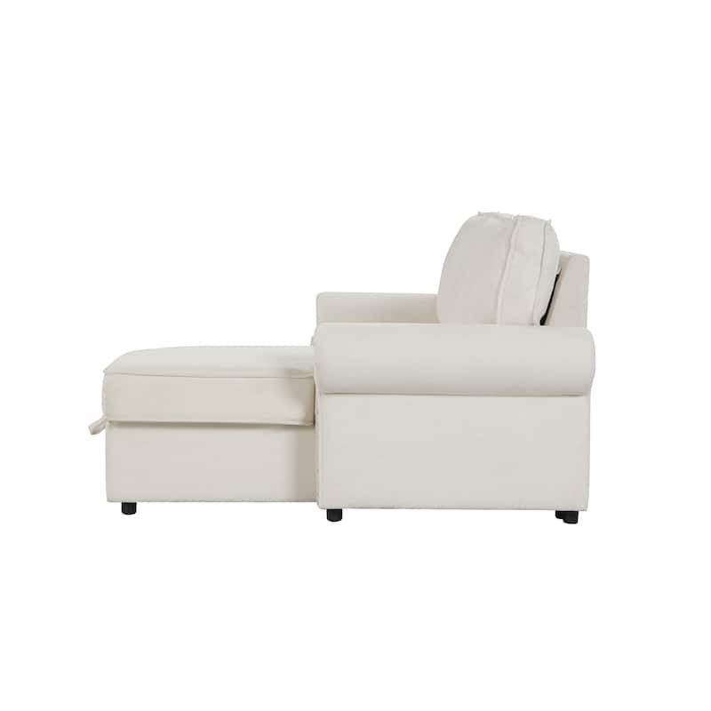 Convertible Sectional Sleeper Sofa with Storage Chaise, Pull-Down Backrest, Dual Cup Holders, Arc Armrests and Nailhead Trim