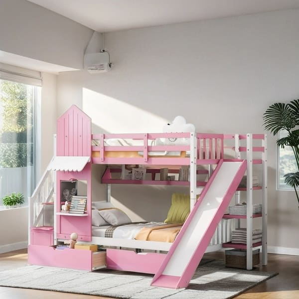 slide 2 of 9, Twin Over Twin Size Bunk Bed Kids Bed with 2 Drawers 3 Shelves and Slide, Pink Pink
