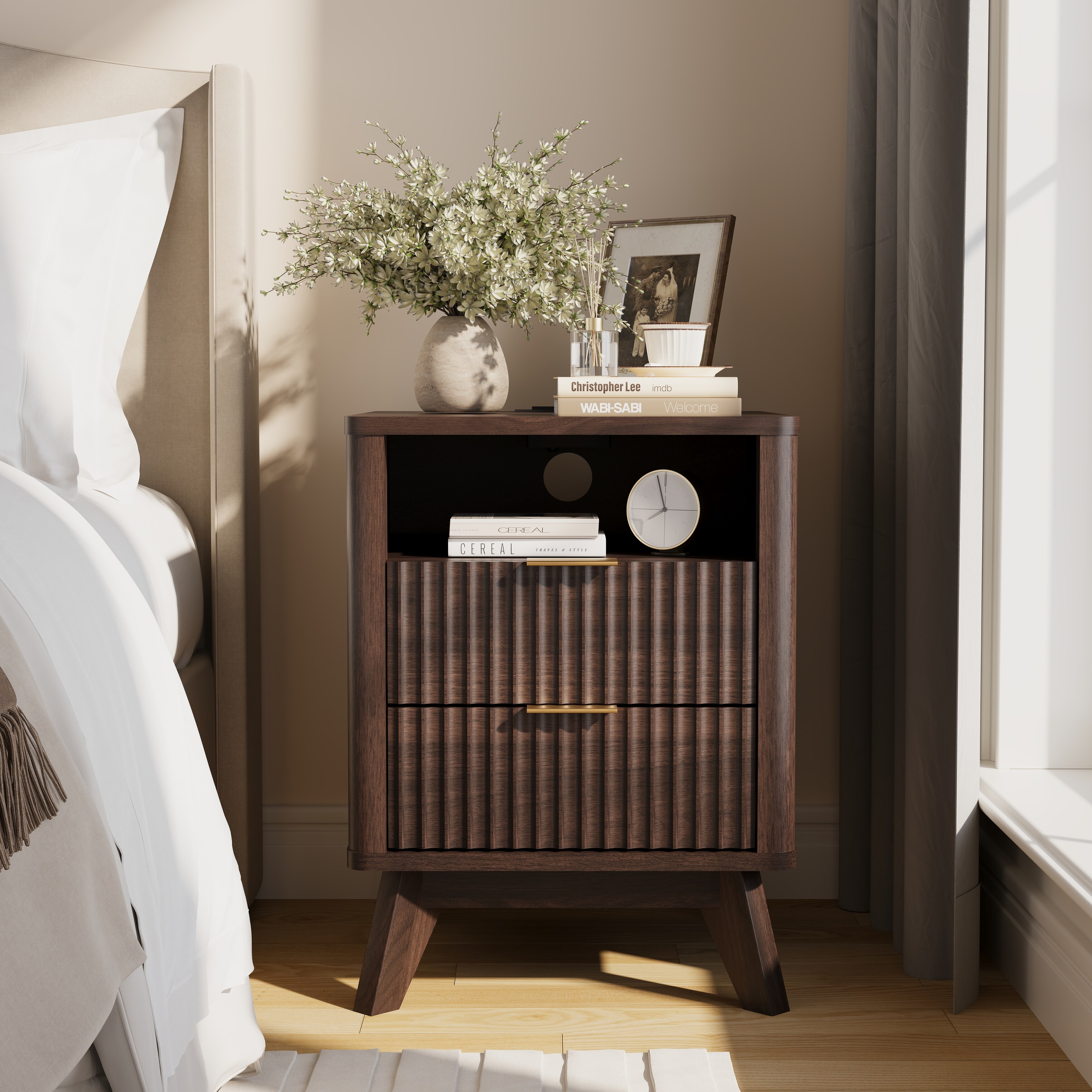 Modern Minimalist Side Table, Fluted Nighstand End Table for Bedroom