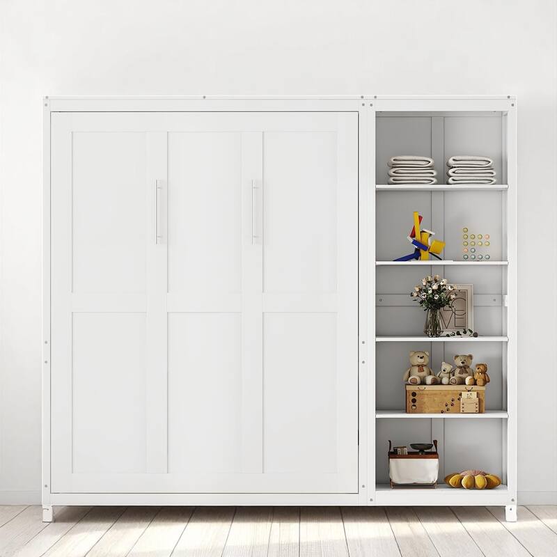 Full/Queen Size Murphy Wall Bed with Shelves, Foldable Cabinet Bed with Storage, Plywood MDF Frame - White - Queen