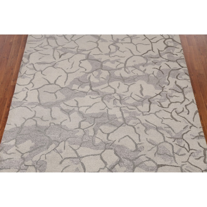 Abstract Modern Indian Area Rug Handmade Beige Wool Carpet - 5'3" x 7'7"