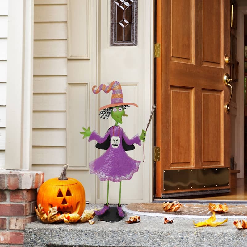 Haunted Hill Farm 28-In. Iron Witch Holding a Broomstick with Removable Yard Stake for Indoor or Outdoor Halloween Decoration