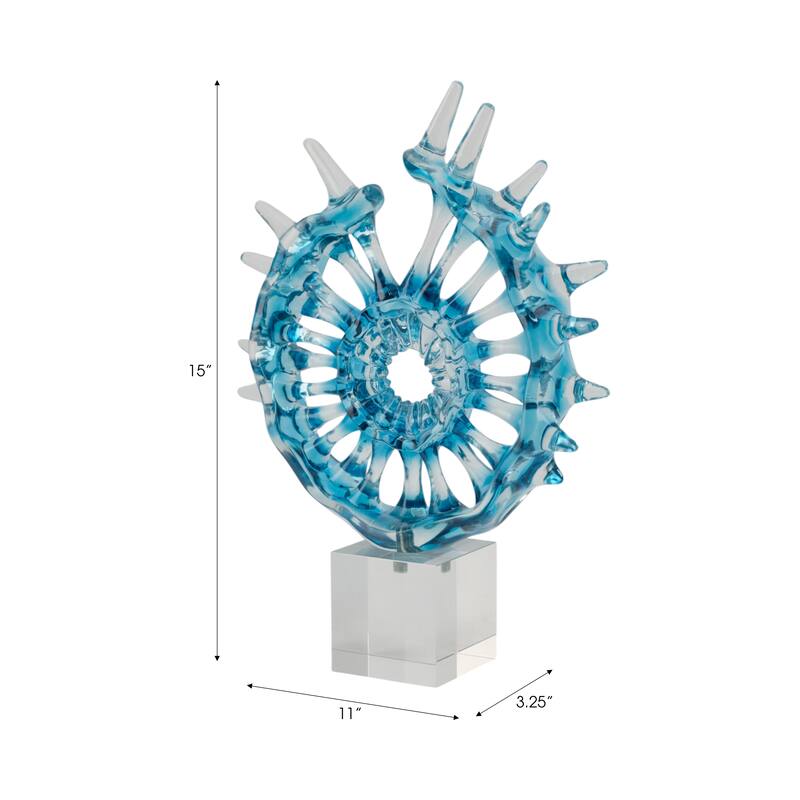 Glass Sculpture Abstract Spiral Crystal Base Modern Accent - 15" Blue - 11.5" x 3.25" x 15"