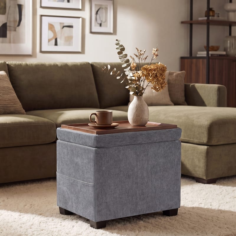 Adeco 16" W Upholstered Rectangle Storage Ottoman with Tray and Pocket