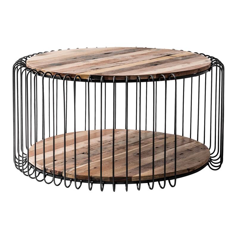 HomeRoots 32" Black and Natural Reclaimed Wood and Iron Round Coffee Table - 15.75" H x 31.5" W x 31.5" D
