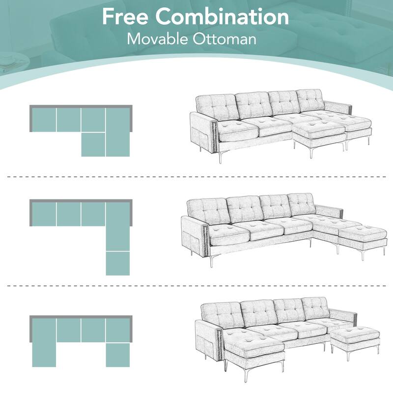 L-Shape Convertible Sectional Sofa Couch with Movable Ottoman
