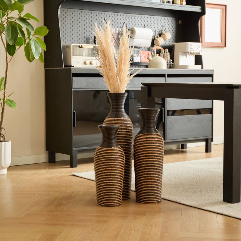 3-piece set of beige+black decorative floor vases, classic and neat floor vases with high independent flower racks