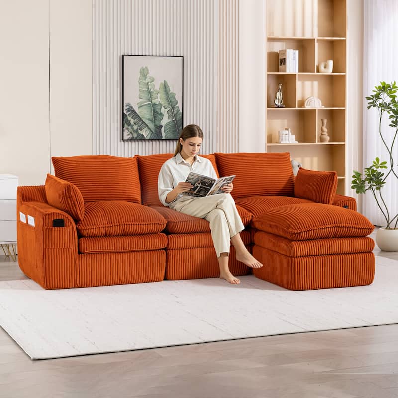 L Shaped Sectional Sofa Corduroy Upholstered Boneless Couches with Movable Footstool, With Three Pillows and Two Lumbar Pillows