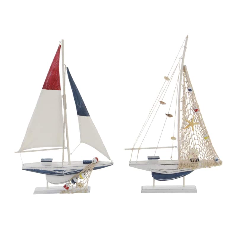 White Wood Handmade Sail Boat Decorative Sculpture (Set of 2)