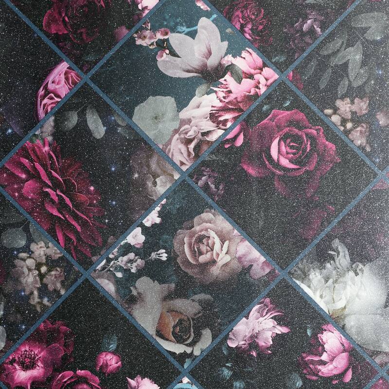 Floral Collage Plum and Teal Vinyl Wallpaper - 20.8 in. W x 33ft L - Double Roll