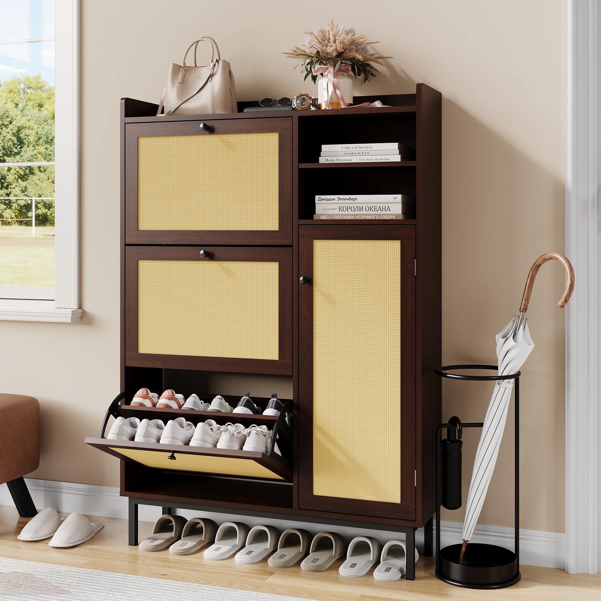 Freestanding Shoe Cabinet with 3 Flip Drawers and 5 Tier Shelves, Natural Rattan Shoe Organizer Storage for Entryway
