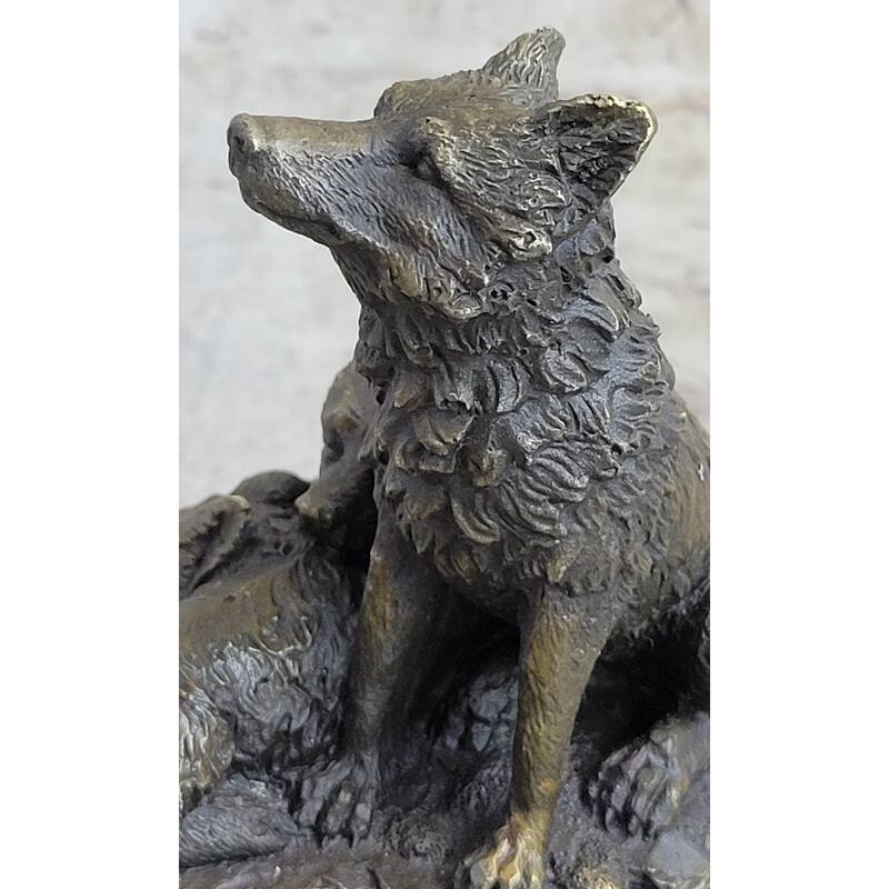 Wolf And Cubs Bronze Miniature Statue Sculpture Marble Base Desktop 4 Inches X 5 Inches