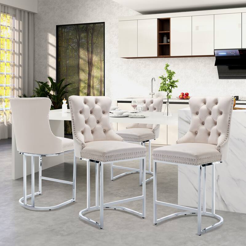 Modern Velvet Upholstered Barstools with Metal Base Leg - Set of 6 - Ivory