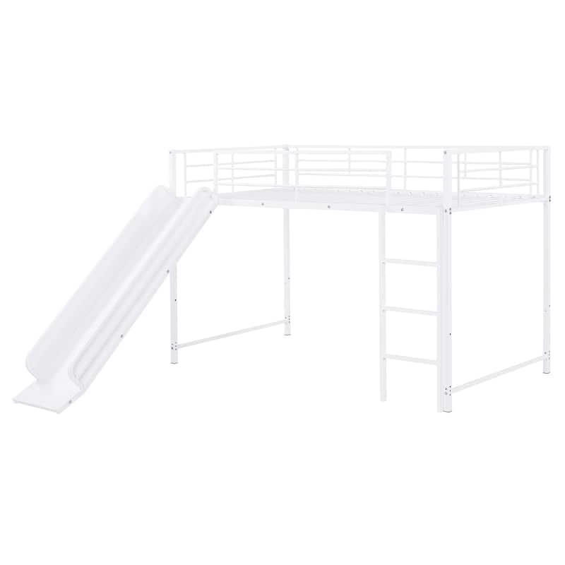 Twin over Twin Metal Bunk Bed with Slide, Guardrails & Convertible Loft Design - White