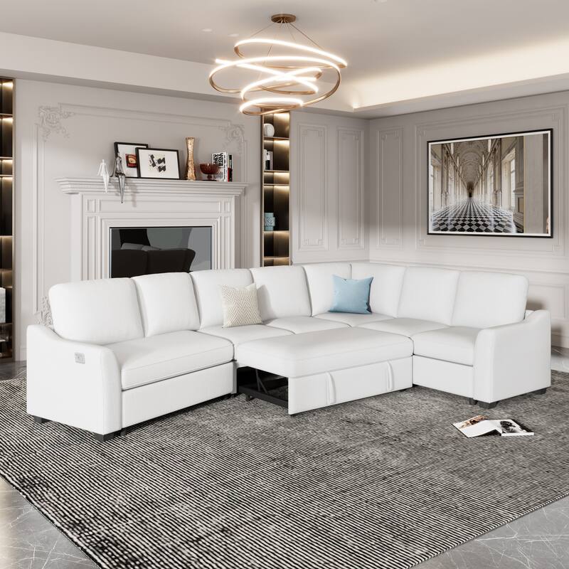 129.5" Sectional Sleeper Sofa with Pull-Out Bed Modern L-Shape Couch Bed