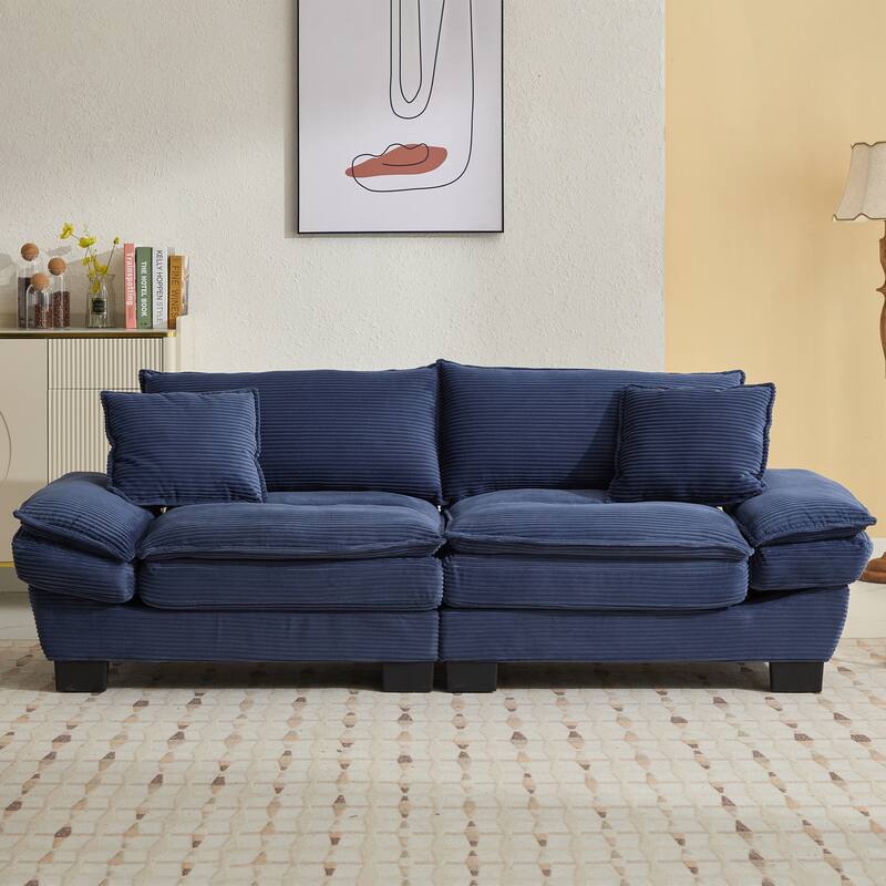 84 Inch Modern Style Sleeper Sofa, Corduroy Upholstered Sofa with Pillows,Deep Seat - Blue