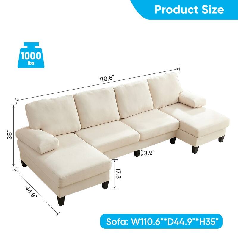 Mixoy W110"Velvet U-Shaped Sectional Sofa Couches,Upholstered 4-Seater Sofa with Double Chaises and Sleepable Armrest