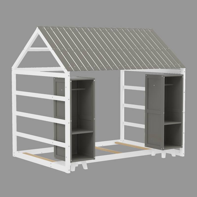 Kids Twin Size House Bed with Roof and Fence, Floor Bed with 2 Storage Wardrobes - Grey - Twin