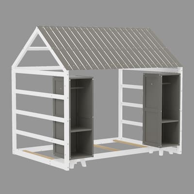 Kids Twin Size House Bed with Roof and Fence, Floor Bed with 2 Storage Wardrobes