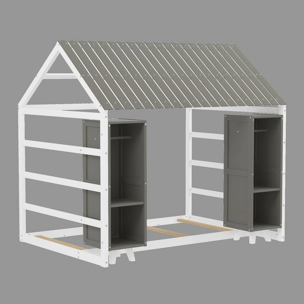 Kids Twin Size House Bed with Roof and Fence, Floor Bed with 2 Storage Wardrobes
