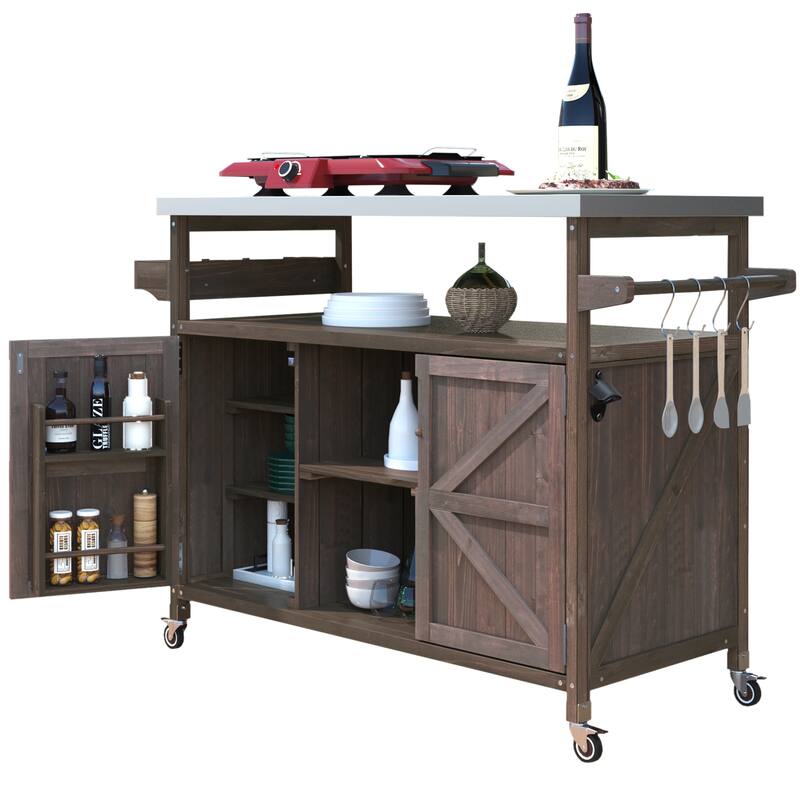 Outdoor Kitchen Island, Rolling Bar Cart & Storage Cabinet, Solid Wood Outdoor Grill Table with Stainless Steel Top