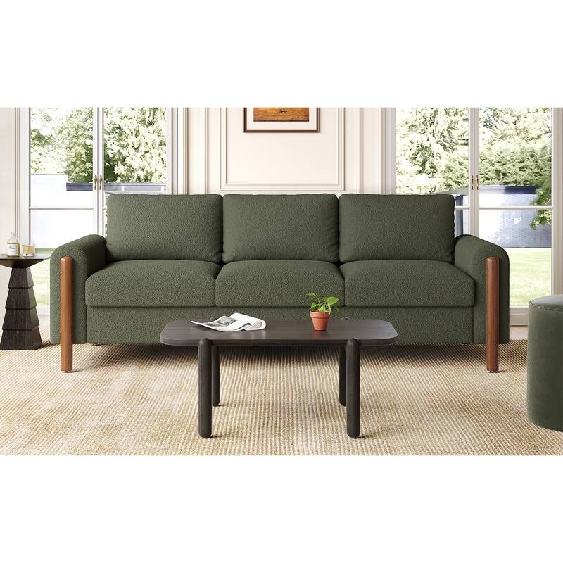 Teddy Velvet Fabric 3 Seater Sofa, Upholstered Sofa with Curved Armrest, Lounge Sofa Chair with Solid Wood Legs