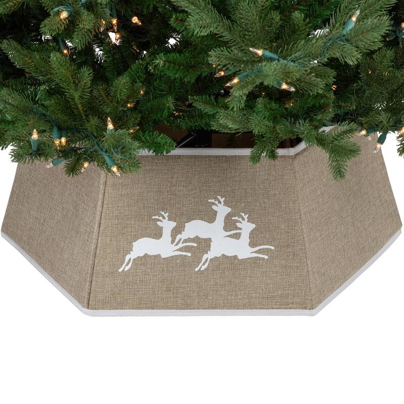 26" Beige Burlap with Reindeer Hexagonal Christmas Tree Collar