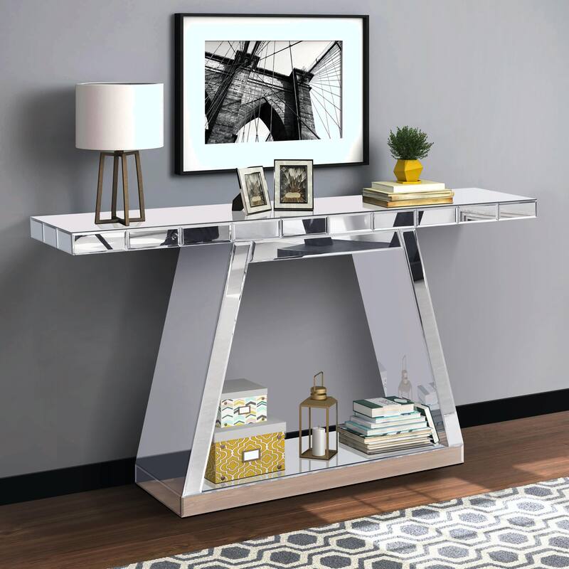 55.9" Modern Luxe Full-Body Mirror Entryway Table with Trapezoid Base - 360° Reflective Console Table