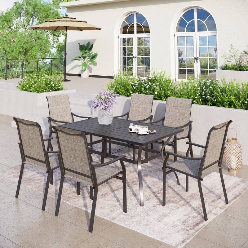 MAISON ARTS 7-Piece Patio Dining Set, Rectangle Metal Table and 6 Textilene Fabric Padded Armchairs - Table A