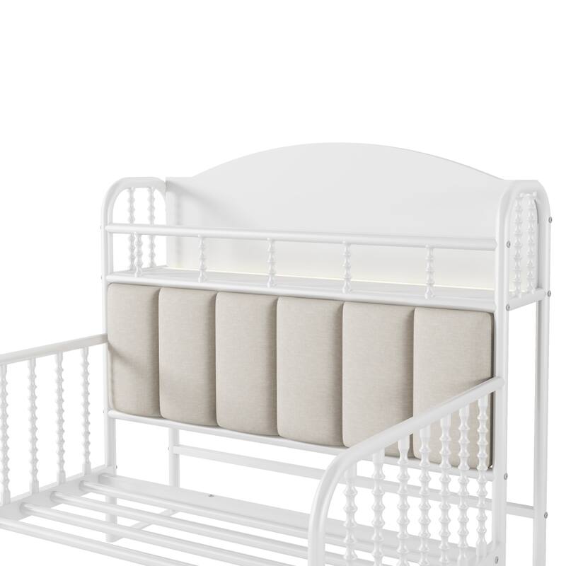 Twin Size Metal Platform Bed Frame with Light, Kids Twin Metal Bed with Upholstered and Storage Headboard