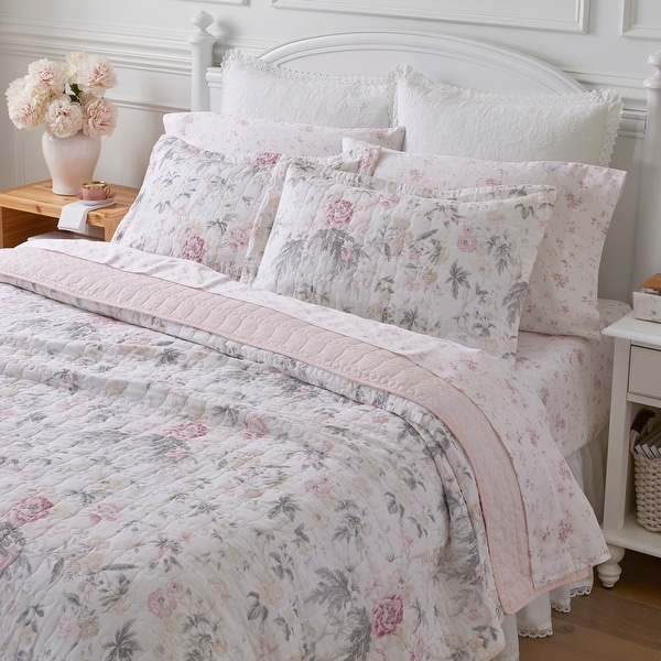 Laura Ashley Breezy Floral Cotton Reversible Pink/Grey Quilt Set - On Sale  - Bed Bath & Beyond - 15370411