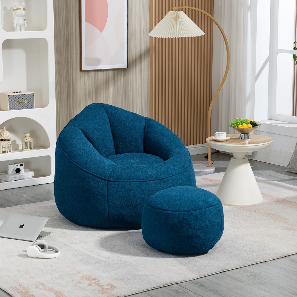 Blue Modern 40" Microfiber Upholstered Accent Chair with Ottoman and Padded Foam Padding Compressed for Living Room