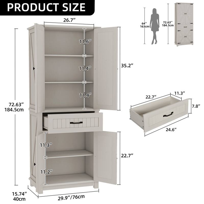 Moasis 64" Farmhouse Tall Kitchen Pantry Storage Cabinet with 2 Drawers & Doors