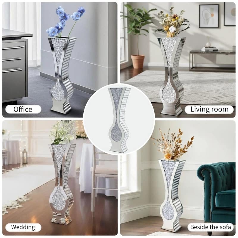 27" Tall Silver Mirrored Floor Vase Glam Crushed Diamond Vases