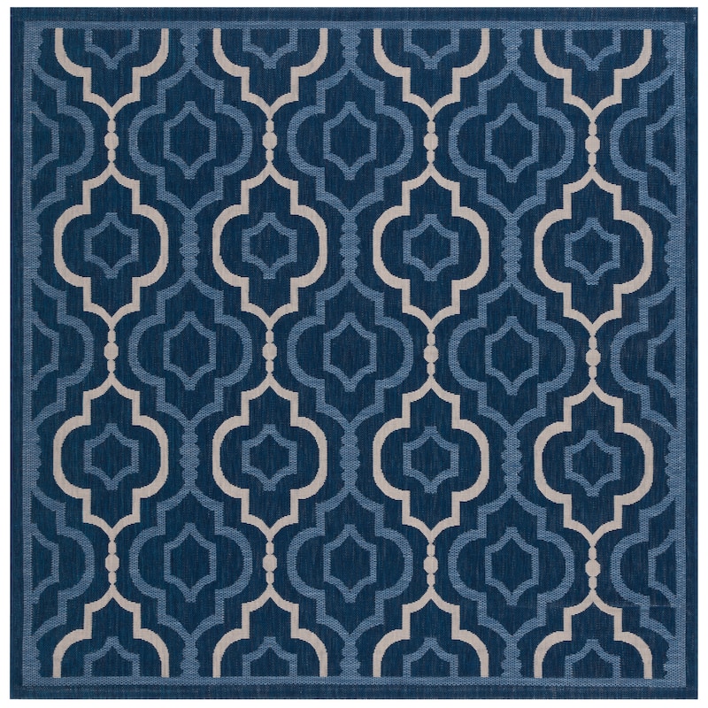 SAFAVIEH Courtyard Oyvor Indoor/ Outdoor Waterproof Patio Backyard Rug - 6'7" Square - Navy/Beige